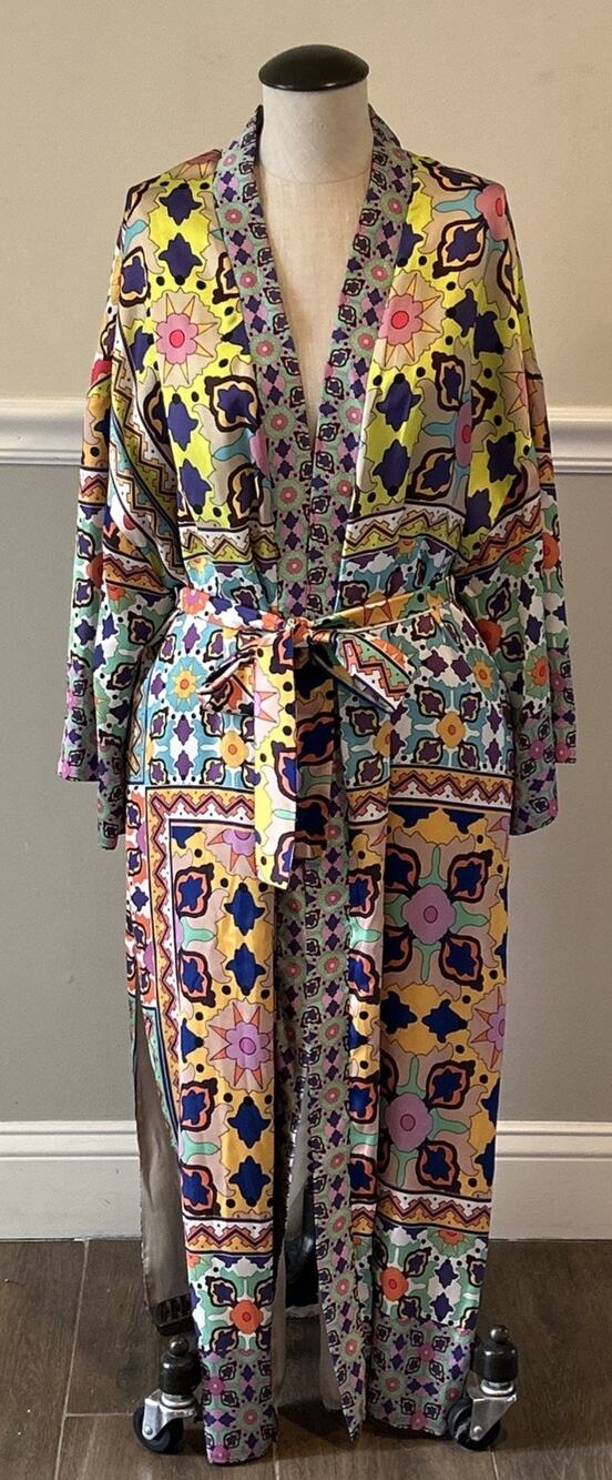 Zara Womens Size S Satin Colorful Long Kimono Robe Boho Festival